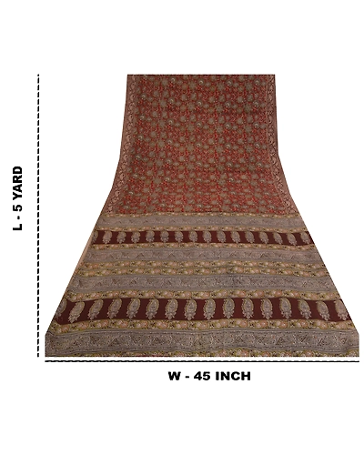 Sanskriti Vintage Brown Sarees Pure Cotton Block Printed Kalamkari Sari Fabric, PS-60815-Dark Red &amp; Brown-Block Printed Work-Pure Cotton-1