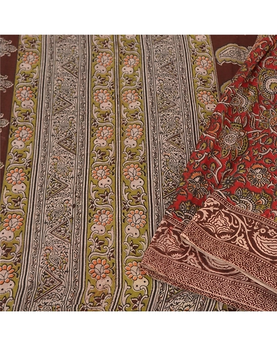 Sanskriti Vintage Brown Sarees Pure Cotton Block Printed Kalamkari Sari Fabric, PS-60815-Dark Red &amp; Brown-Block Printed Work-Pure Cotton-2