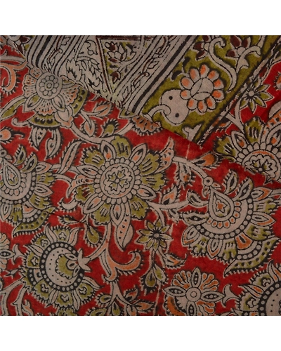Sanskriti Vintage Brown Sarees Pure Cotton Block Printed Kalamkari Sari Fabric, PS-60815-Dark Red &amp; Brown-Block Printed Work-Pure Cotton-3
