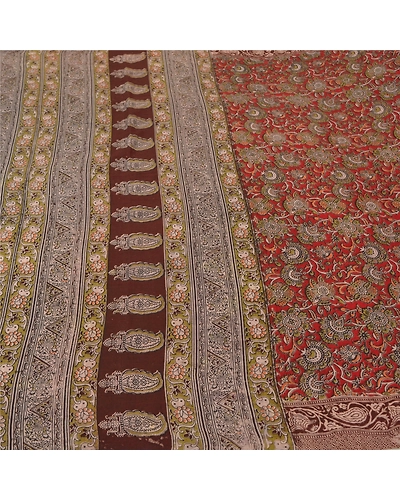 Sanskriti Vintage Brown Sarees Pure Cotton Block Printed Kalamkari Sari Fabric, PS-60815-Dark Red &amp; Brown-Block Printed Work-Pure Cotton-4