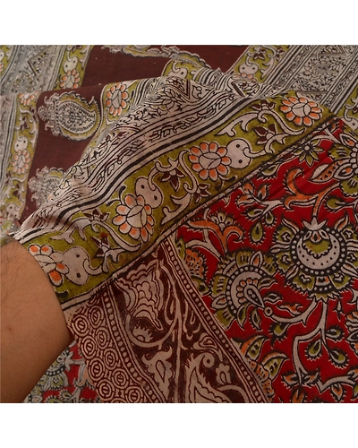 Sanskriti Vintage Brown Sarees Pure Cotton Block Printed Kalamkari Sari Fabric, PS-60815-Dark Red &amp; Brown-Block Printed Work-Pure Cotton-5