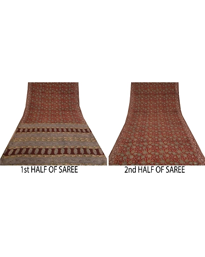 Sanskriti Vintage Brown Sarees Pure Cotton Block Printed Kalamkari Sari Fabric, PS-60815-Dark Red &amp; Brown-Block Printed Work-Pure Cotton-6