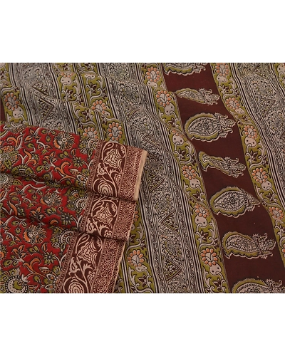 Sanskriti Vintage Brown Sarees Pure Cotton Block Printed Kalamkari Sari Fabric, PS-60815-Dark Red &amp; Brown-Block Printed Work-Pure Cotton-8