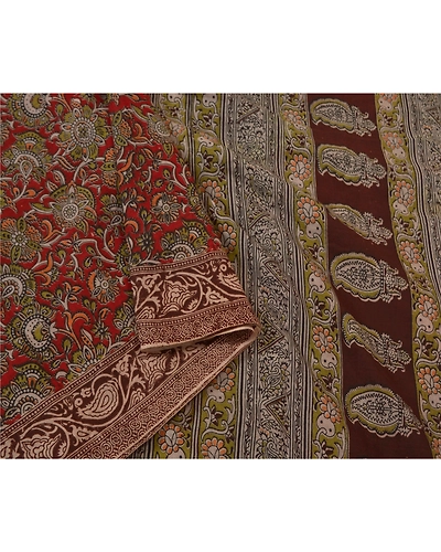 Sanskriti Vintage Brown Sarees Pure Cotton Block Printed Kalamkari Sari Fabric, PS-60815-Dark Red &amp; Brown-Block Printed Work-Pure Cotton-10