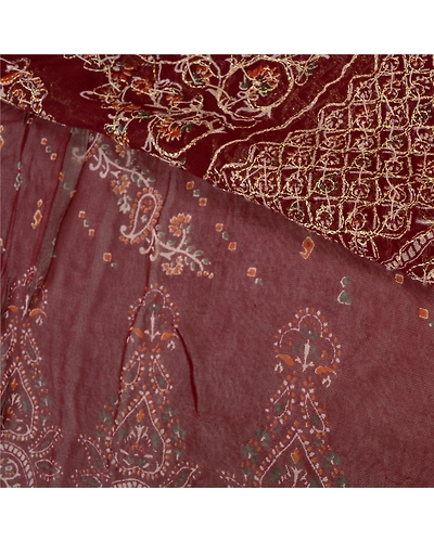 Sanskriti Vintage Dark Red Sarees Blend Georgette Hand Beaded Sari Fabric, PS-60816-Dark Red-Thread Work-Blend Georgette-3