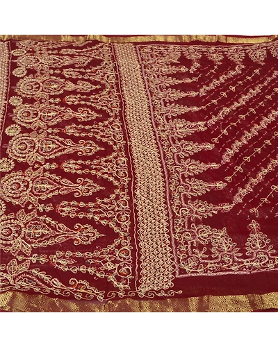 Sanskriti Vintage Dark Red Sarees Blend Georgette Hand Beaded Sari Fabric, PS-60816-Dark Red-Thread Work-Blend Georgette-4