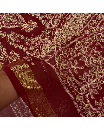 Sanskriti Vintage Dark Red Sarees Blend Georgette Hand Beaded Sari Fabric, PS-60816-Dark Red-Thread Work-Blend Georgette-5
