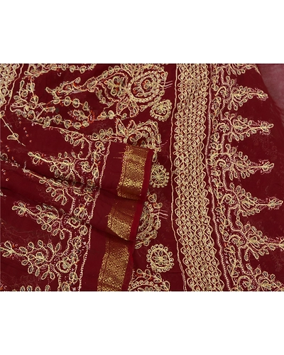 Sanskriti Vintage Dark Red Sarees Blend Georgette Hand Beaded Sari Fabric, PS-60816-Dark Red-Thread Work-Blend Georgette-8