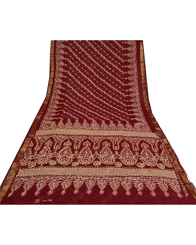Sanskriti Vintage Dark Red Sarees Blend Georgette Hand Beaded Sari Fabric, PS-60816-Dark Red-Thread Work-Blend Georgette-9
