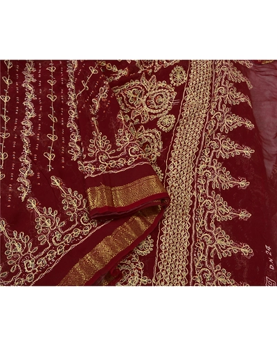 Sanskriti Vintage Dark Red Sarees Blend Georgette Hand Beaded Sari Fabric, PS-60816-Dark Red-Thread Work-Blend Georgette-10