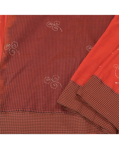 Sanskriti Vintage Dark Orange Sarees Blend Cotton Hand Beaded Kantha Sari Fabric, PS-60817-Dark Orange &amp; Dark Red-Thread Work-Blend Cotton-2