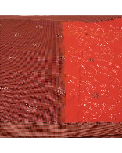 Sanskriti Vintage Dark Orange Sarees Blend Cotton Hand Beaded Kantha Sari Fabric, PS-60817-Dark Orange &amp; Dark Red-Thread Work-Blend Cotton-4