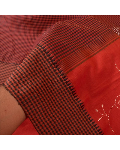 Sanskriti Vintage Dark Orange Sarees Blend Cotton Hand Beaded Kantha Sari Fabric, PS-60817-Dark Orange &amp; Dark Red-Thread Work-Blend Cotton-5