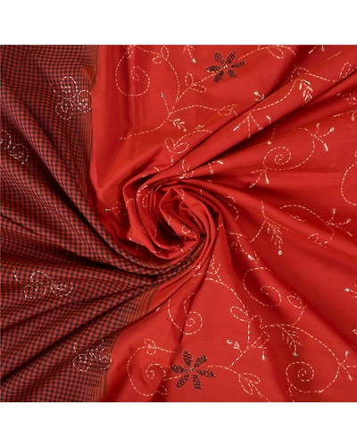 Sanskriti Vintage Dark Orange Sarees Blend Cotton Hand Beaded Kantha Sari Fabric, PS-60817-Dark Orange &amp; Dark Red-Thread Work-Blend Cotton-7