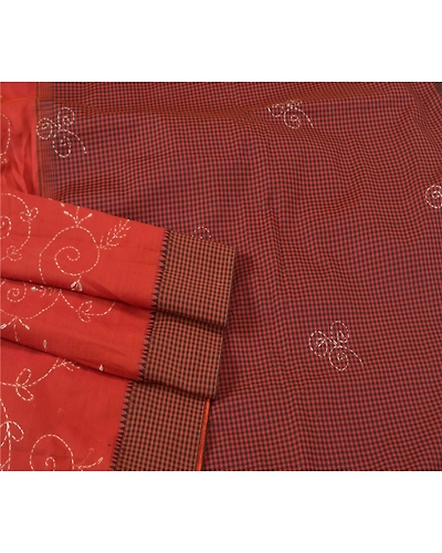 Sanskriti Vintage Dark Orange Sarees Blend Cotton Hand Beaded Kantha Sari Fabric, PS-60817-Dark Orange &amp; Dark Red-Thread Work-Blend Cotton-8