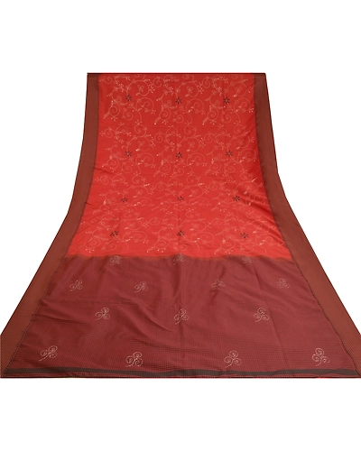 Sanskriti Vintage Dark Orange Sarees Blend Cotton Hand Beaded Kantha Sari Fabric, PS-60817-Dark Orange &amp; Dark Red-Thread Work-Blend Cotton-9