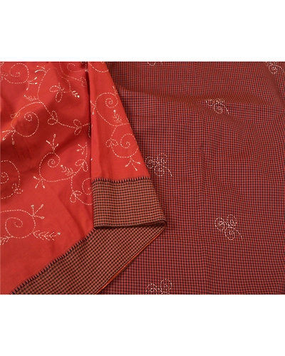 Sanskriti Vintage Dark Orange Sarees Blend Cotton Hand Beaded Kantha Sari Fabric, PS-60817-Dark Orange &amp; Dark Red-Thread Work-Blend Cotton-10