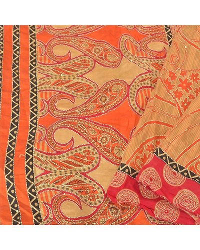 Sanskriti Vintage Beige Sarees 100% Pure Silk Hand Beaded Kantha Sari Fabric, PS-60822-Shade Of Beige &amp; Dark Red-Thread Work-Pure Silk-2