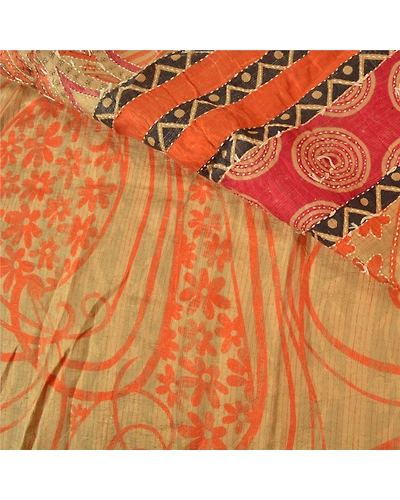 Sanskriti Vintage Beige Sarees 100% Pure Silk Hand Beaded Kantha Sari Fabric, PS-60822-Shade Of Beige &amp; Dark Red-Thread Work-Pure Silk-3