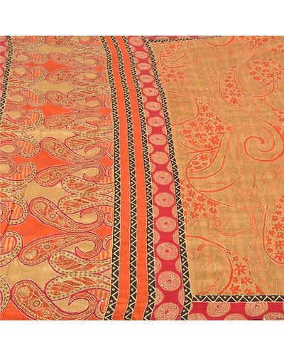 Sanskriti Vintage Beige Sarees 100% Pure Silk Hand Beaded Kantha Sari Fabric, PS-60822-Shade Of Beige &amp; Dark Red-Thread Work-Pure Silk-4