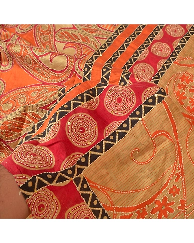 Sanskriti Vintage Beige Sarees 100% Pure Silk Hand Beaded Kantha Sari Fabric, PS-60822-Shade Of Beige &amp; Dark Red-Thread Work-Pure Silk-5