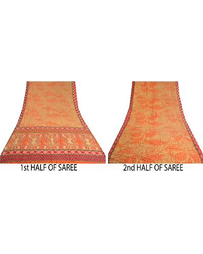 Sanskriti Vintage Beige Sarees 100% Pure Silk Hand Beaded Kantha Sari Fabric, PS-60822-Shade Of Beige &amp; Dark Red-Thread Work-Pure Silk-6
