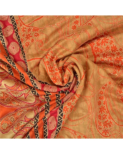 Sanskriti Vintage Beige Sarees 100% Pure Silk Hand Beaded Kantha Sari Fabric, PS-60822-Shade Of Beige &amp; Dark Red-Thread Work-Pure Silk-7
