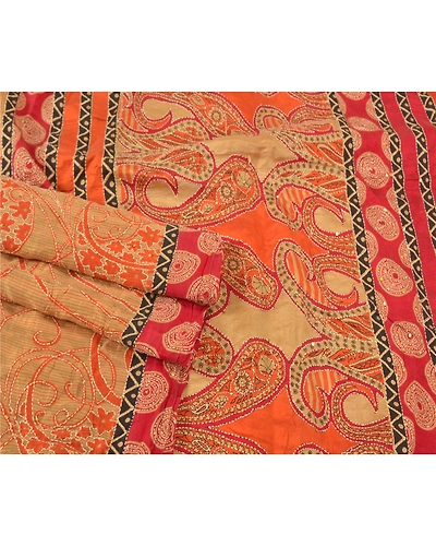 Sanskriti Vintage Beige Sarees 100% Pure Silk Hand Beaded Kantha Sari Fabric, PS-60822-Shade Of Beige &amp; Dark Red-Thread Work-Pure Silk-8