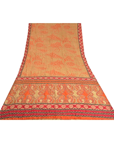 Sanskriti Vintage Beige Sarees 100% Pure Silk Hand Beaded Kantha Sari Fabric, PS-60822-Shade Of Beige &amp; Dark Red-Thread Work-Pure Silk-9