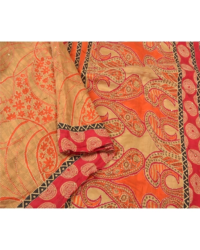 Sanskriti Vintage Beige Sarees 100% Pure Silk Hand Beaded Kantha Sari Fabric, PS-60822-Shade Of Beige &amp; Dark Red-Thread Work-Pure Silk-10