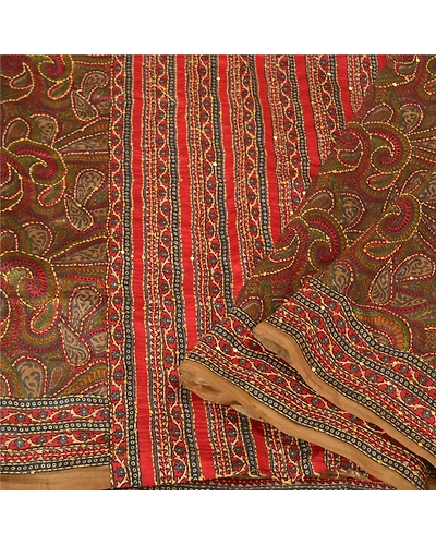 Sanskriti Vintage Indian Sarees 100% Pure Silk Hand Beaded Kantha Sari Fabric, PS-60825-Multi Color-Thread Work-100% Pure Silk-2