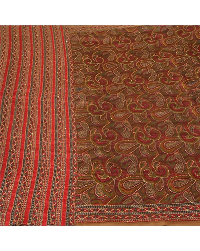 Sanskriti Vintage Indian Sarees 100% Pure Silk Hand Beaded Kantha Sari Fabric, PS-60825-Multi Color-Thread Work-100% Pure Silk-4