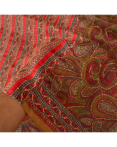 Sanskriti Vintage Indian Sarees 100% Pure Silk Hand Beaded Kantha Sari Fabric, PS-60825-Multi Color-Thread Work-100% Pure Silk-5