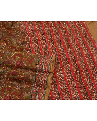 Sanskriti Vintage Indian Sarees 100% Pure Silk Hand Beaded Kantha Sari Fabric, PS-60825-Multi Color-Thread Work-100% Pure Silk-8