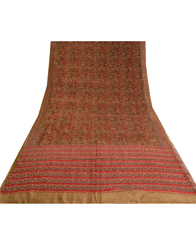 Sanskriti Vintage Indian Sarees 100% Pure Silk Hand Beaded Kantha Sari Fabric, PS-60825-Multi Color-Thread Work-100% Pure Silk-9