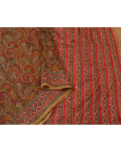 Sanskriti Vintage Indian Sarees 100% Pure Silk Hand Beaded Kantha Sari Fabric, PS-60825-Multi Color-Thread Work-100% Pure Silk-10