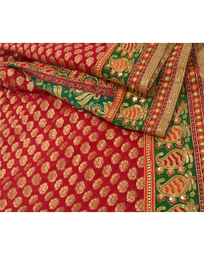 Sanskriti Vintage Red Sarees Blend Georgette Hand Beaded Woven Sari Fabric, PS-60836-Red-Woven Work-Blend Georgette-2