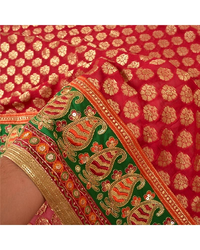 Sanskriti Vintage Red Sarees Blend Georgette Hand Beaded Woven Sari Fabric, PS-60836-Red-Woven Work-Blend Georgette-5