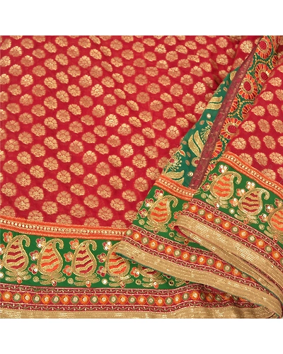 Sanskriti Vintage Red Sarees Blend Georgette Hand Beaded Woven Sari Fabric, PS-60836-Red-Woven Work-Blend Georgette-7