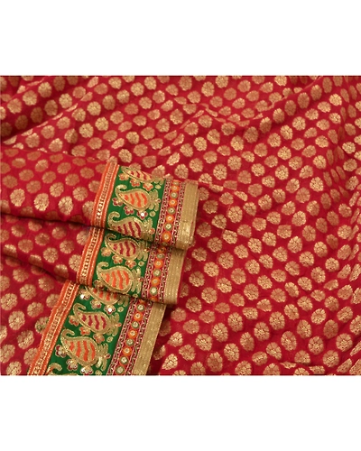 Sanskriti Vintage Red Sarees Blend Georgette Hand Beaded Woven Sari Fabric, PS-60836-Red-Woven Work-Blend Georgette-9