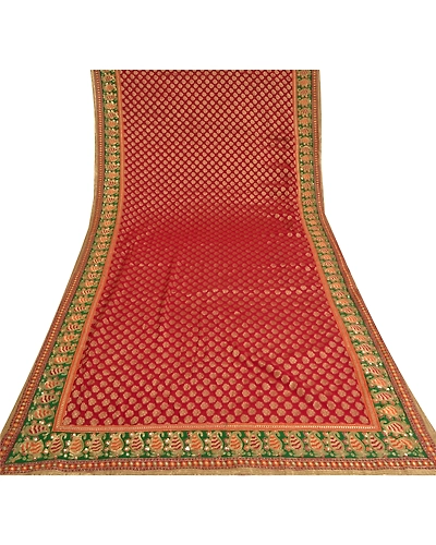 Sanskriti Vintage Red Sarees Blend Georgette Hand Beaded Woven Sari Fabric, PS-60836-Red-Woven Work-Blend Georgette-10