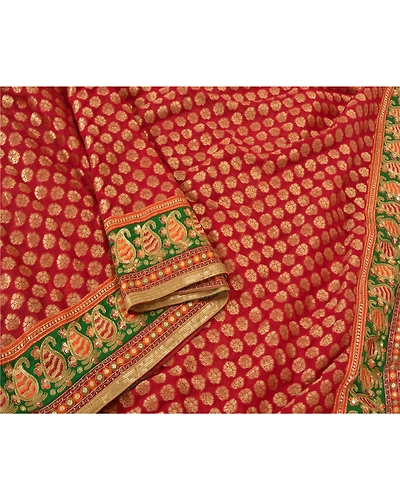 Sanskriti Vintage Red Sarees Blend Georgette Hand Beaded Woven Sari Fabric, PS-60836-Red-Woven Work-Blend Georgette-11