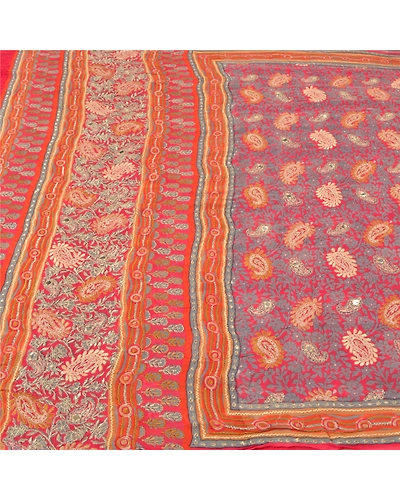 Sanskriti Vintage Bollywood Sarees Pure Georgette Silk Embroidered Sari Fabric, PS-60842-Shade Of Red-Thread Work-Pure Georgette Silk-4