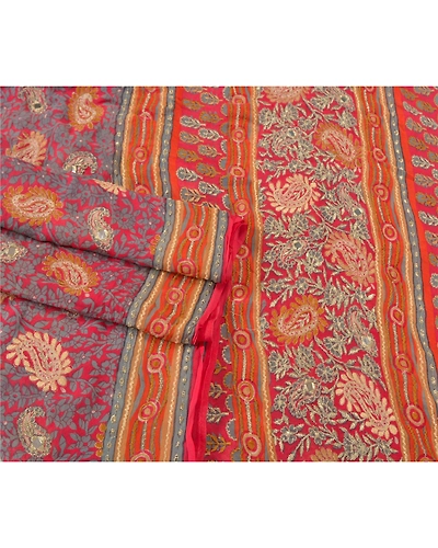 Sanskriti Vintage Bollywood Sarees Pure Georgette Silk Embroidered Sari Fabric, PS-60842-Shade Of Red-Thread Work-Pure Georgette Silk-8