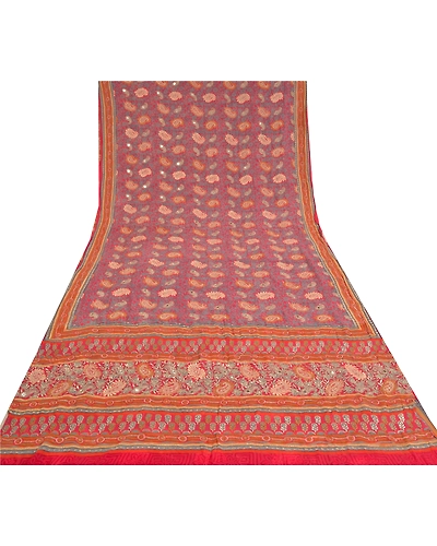 Sanskriti Vintage Bollywood Sarees Pure Georgette Silk Embroidered Sari Fabric, PS-60842-Shade Of Red-Thread Work-Pure Georgette Silk-9