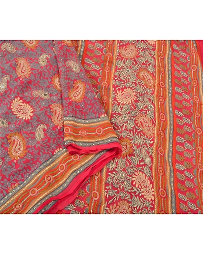 Sanskriti Vintage Bollywood Sarees Pure Georgette Silk Embroidered Sari Fabric, PS-60842-Shade Of Red-Thread Work-Pure Georgette Silk-10