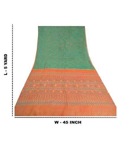 Sanskriti Vintage Green Sarees 100% Pure Silk Block Printed Sari Craft Fabric, PS-60844-Green &amp; Orange-Block Printed Work-Pure Silk-1