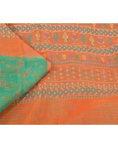 Sanskriti Vintage Green Sarees 100% Pure Silk Block Printed Sari Craft Fabric, PS-60844-Green &amp; Orange-Block Printed Work-Pure Silk-2