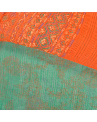Sanskriti Vintage Green Sarees 100% Pure Silk Block Printed Sari Craft Fabric, PS-60844-Green &amp; Orange-Block Printed Work-Pure Silk-3