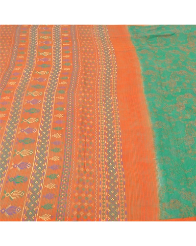 Sanskriti Vintage Green Sarees 100% Pure Silk Block Printed Sari Craft Fabric, PS-60844-Green &amp; Orange-Block Printed Work-Pure Silk-4